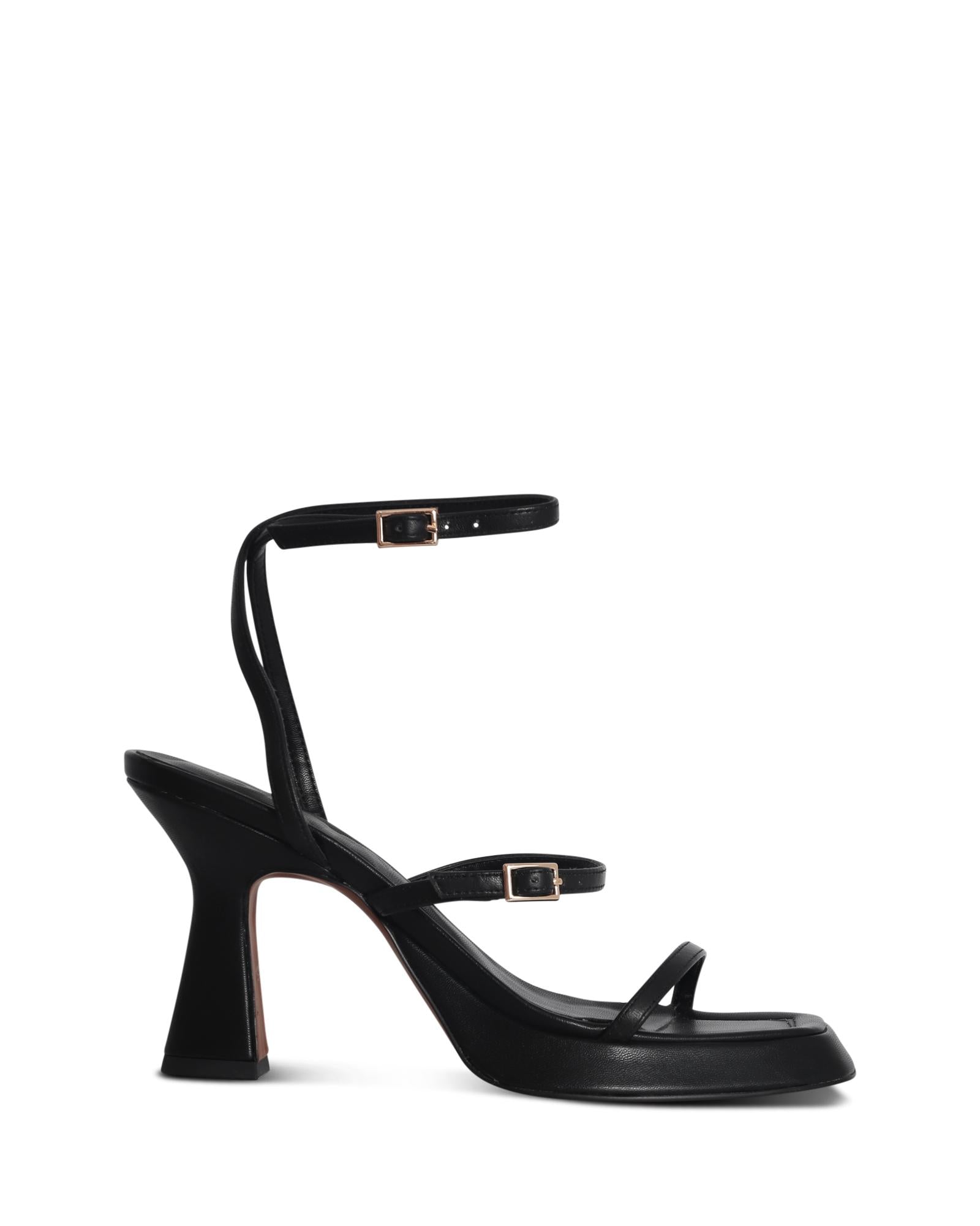 Salerno Black 9cm Platform Block Heel with Delicate Straps and Gold Buckles 
