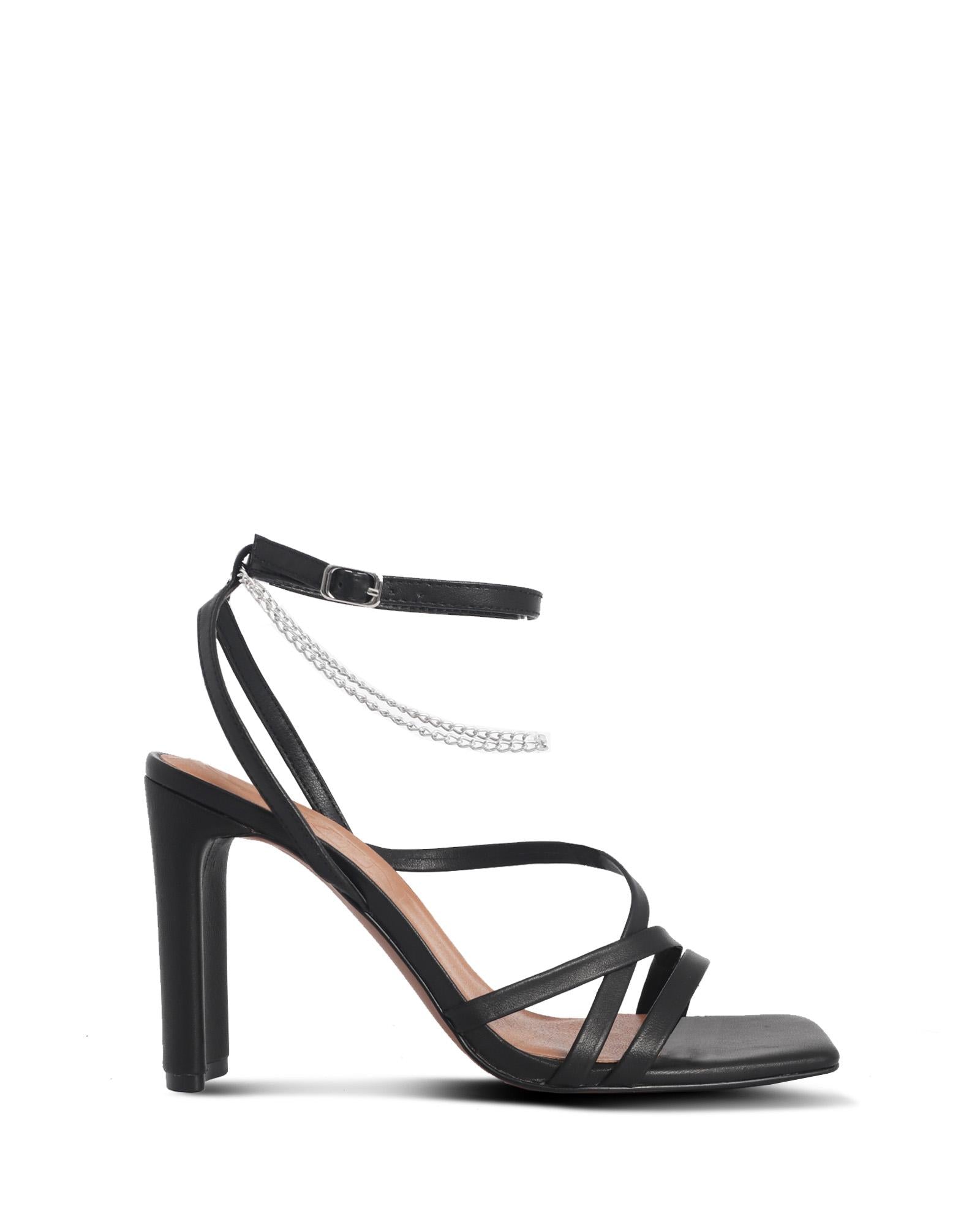 Belize Black 9cm Structure Heel with Thin Adjustable Ankle Straps and Chain Detail 