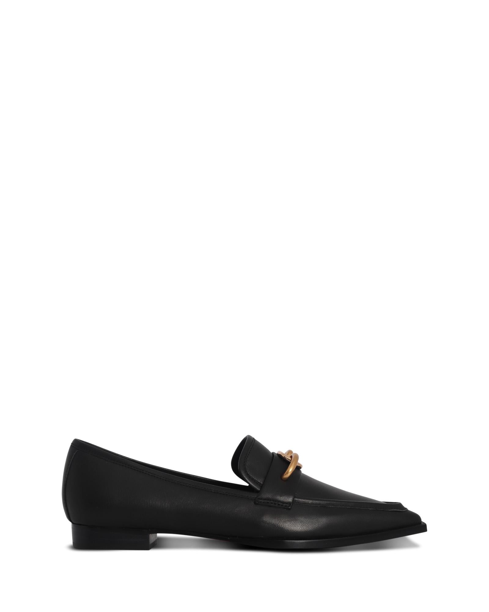 Paddington Black 2cm Loafer with Point Toe and Gold Buckle 