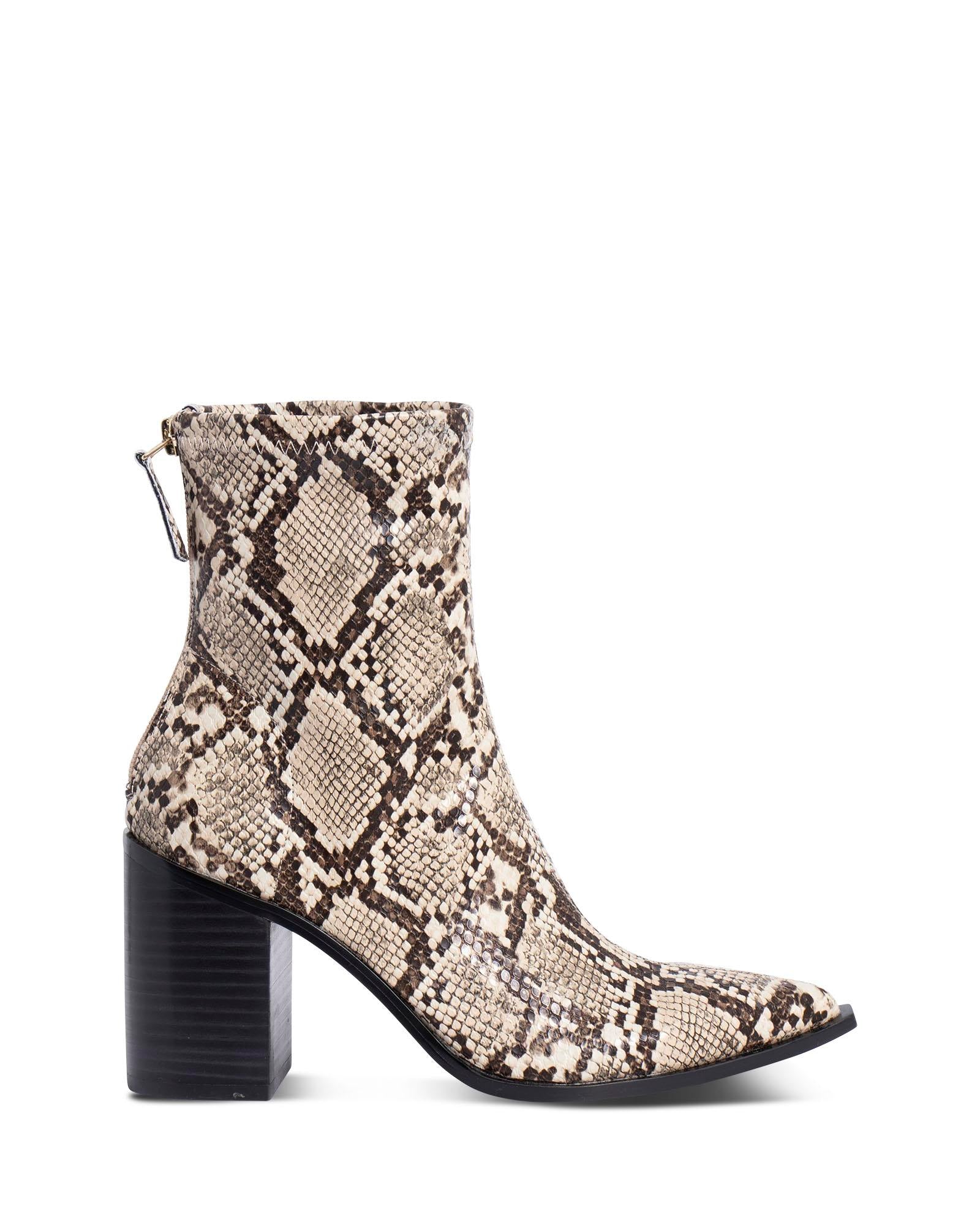 Saylor Beige Snake 9cm Block Heel Ankle Boot with Point Toe 